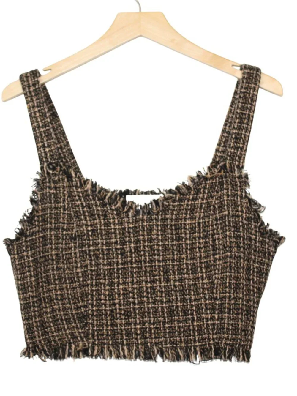 Mare Mare women's tweed crop top size S brown v neck raw hem sleeveless layering - Picture 2 of 10